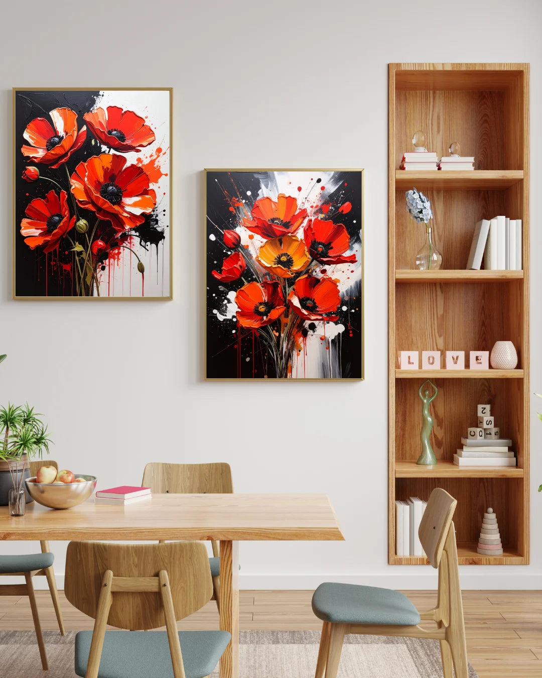 Red poppy floral wall art canvas set displayed in a modern study room interior