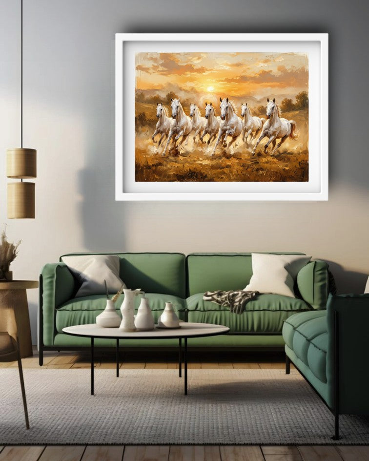 Running horses canvas artwork displayed in a minimalist living room with contemporary décor.