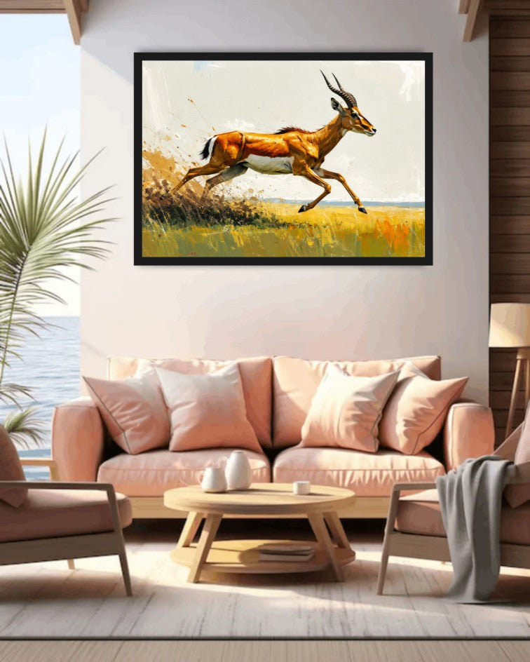 Living room with a painting of a running antelope on the wall