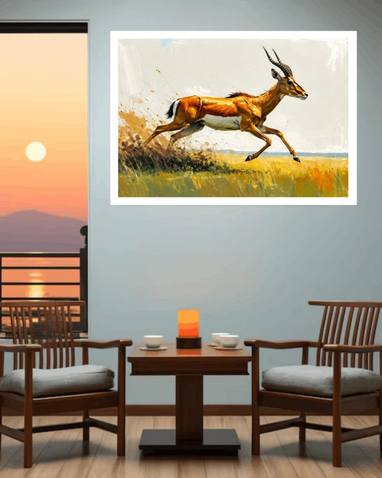 Dining area with a painting of a deer on the wall