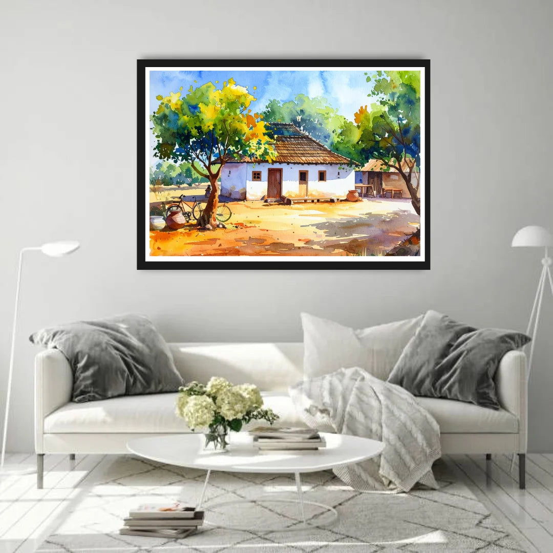 Framed painting of a rural scene above a white sofa in a living room.