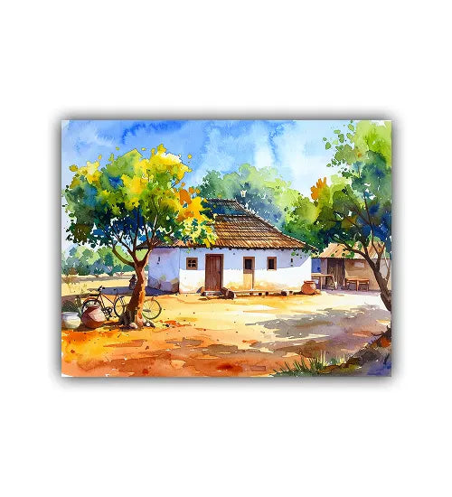 Painting of a rural scene with a house, trees, and a bicycle.
