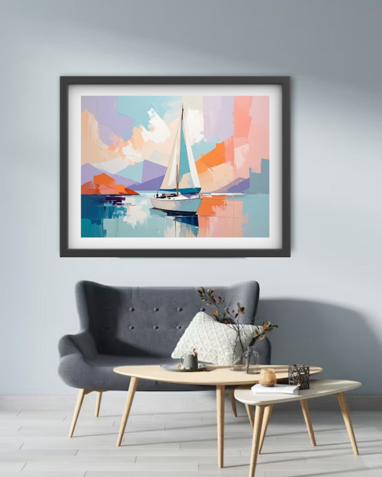 A framed abstract art print of a sailboat on water, displayed on a light gray wall above a modern gray armchair and wooden coffee table.