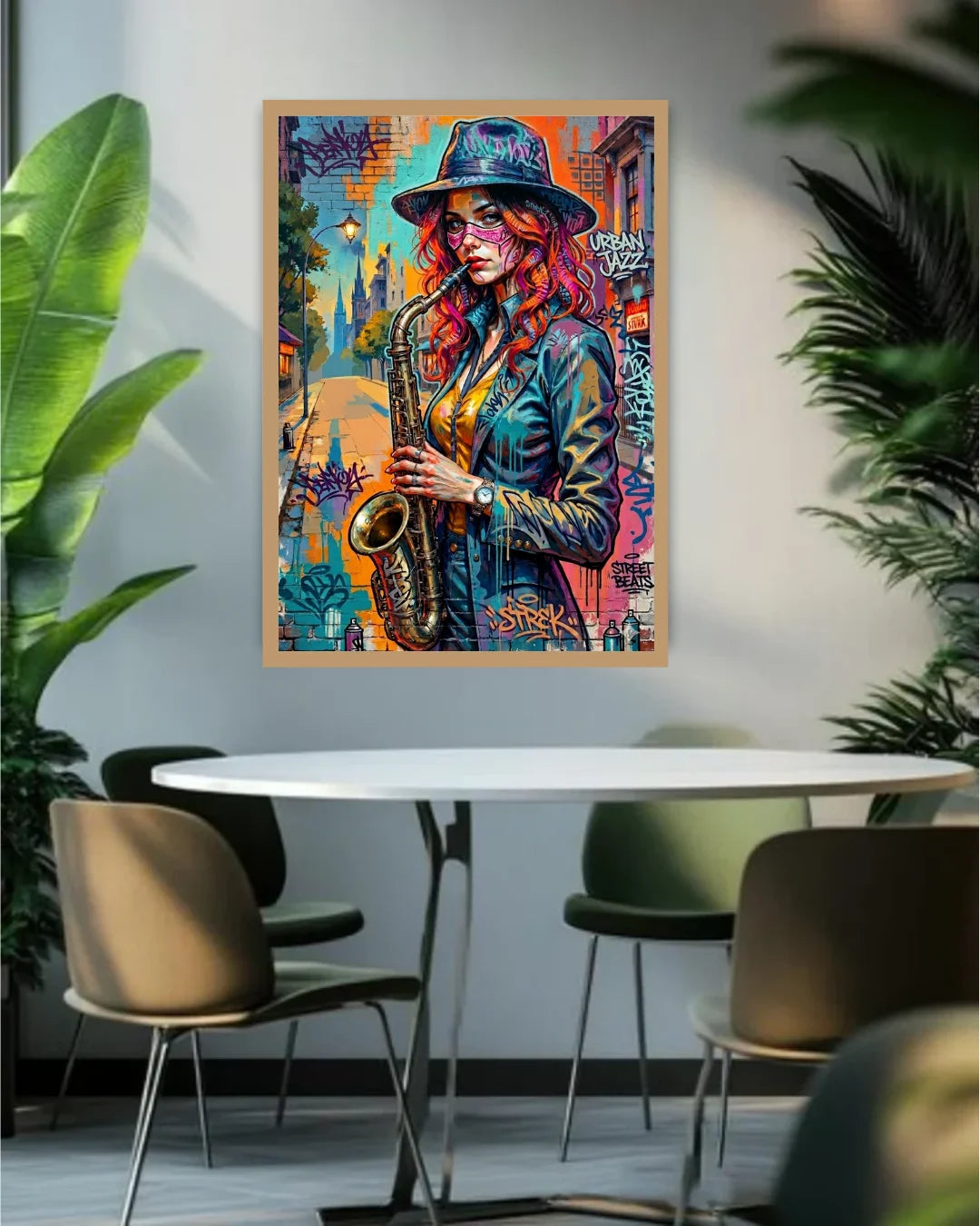 Colorful artwork of a woman playing saxophone on a wall in a modern interior with plants and a table.