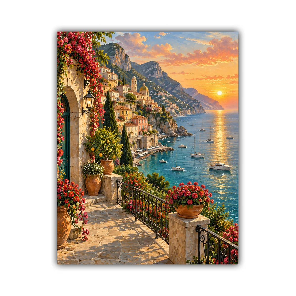 A vertical canvas print depicting a scenic coastal town with a stone walkway, vibrant red flowers, and a sunset over a blue sea with boats, shown against a plain white background.