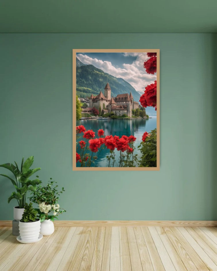 A framed vertical art print depicting a scenic castle by a lake with red flowers in the foreground, hung on a sage green wall above a light wood floor with potted plants.