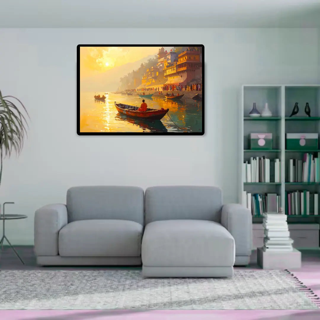 Varanasi ghat wall art canvas above sofa for living room decor