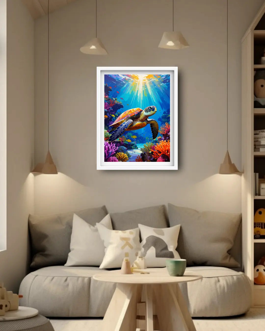 colorful ocean turtle artwork displayed in cozy bedroom interior