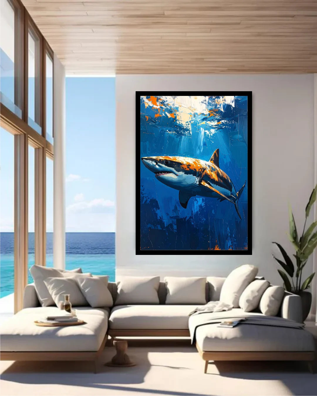 Framed artwork of a shark in an underwater scene above a modern living room with a large window view.