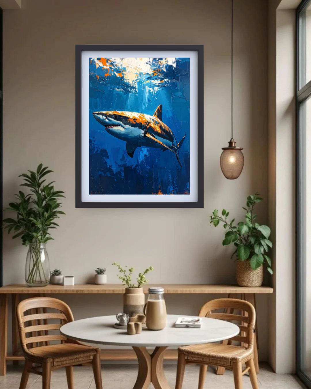 Framed shark artwork above a dining table with chairs in a room with plants and a window.