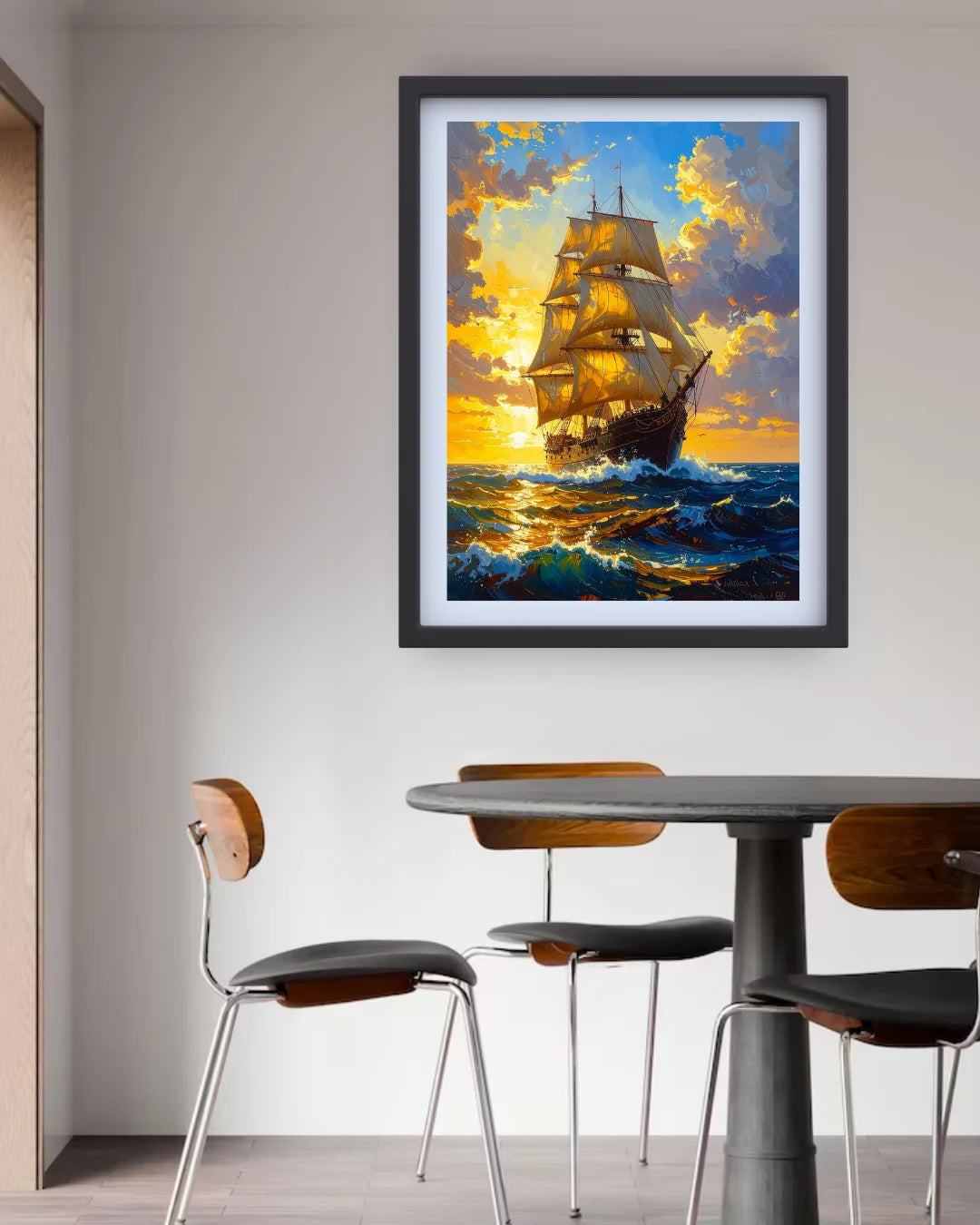 sailing ship canvas artwork displayed in cozy living room