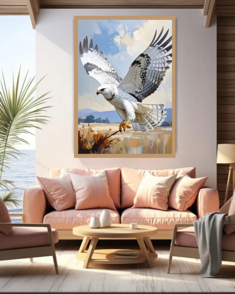 Premium soaring eagle wall art displayed above a sofa in a contemporary living room.