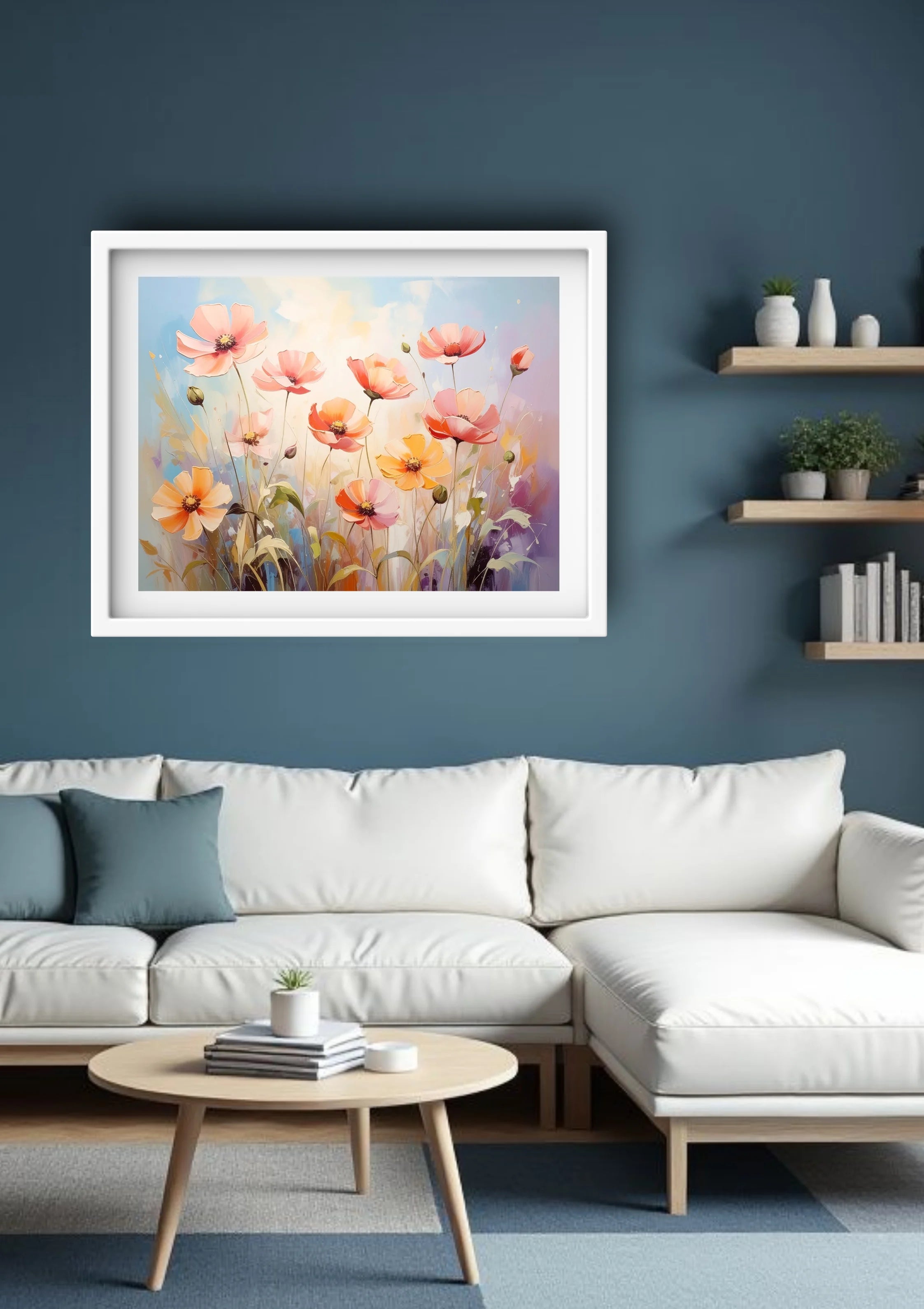 Modern blue living room decorated with soft pastel floral wall art canvas