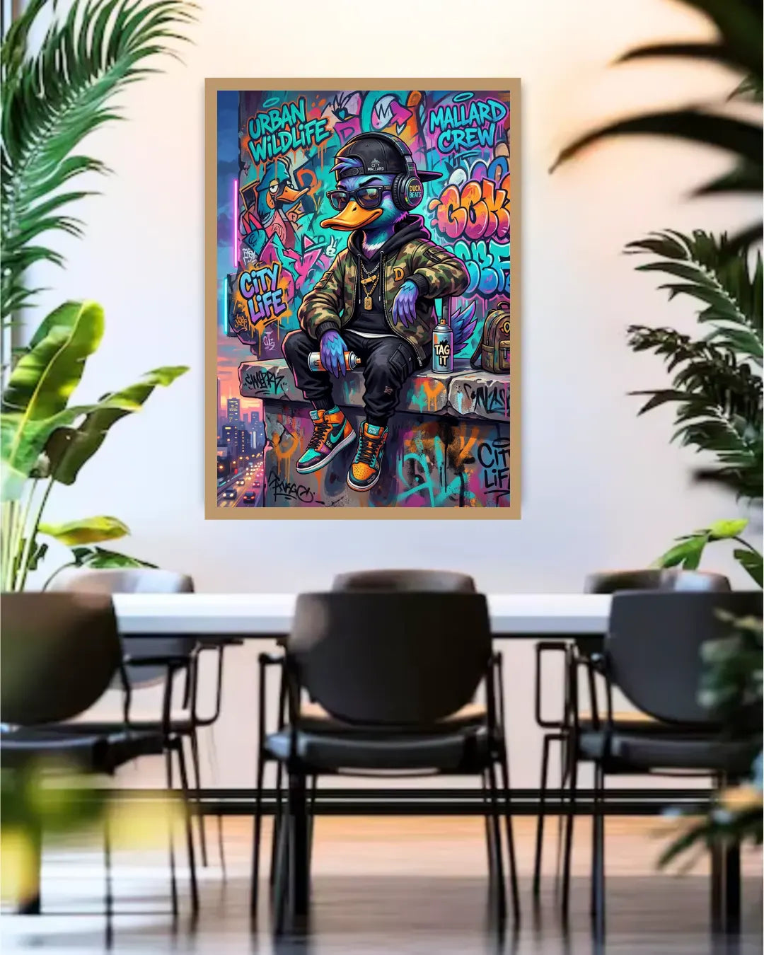 Colorful urban-themed poster of a duck in a cityscape setting in a modern office.