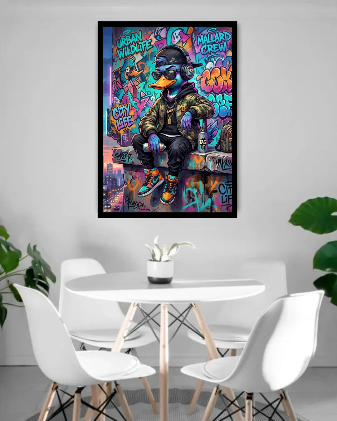 Three abstract art prints in green and beige frames above a sofa with decorative pillows.