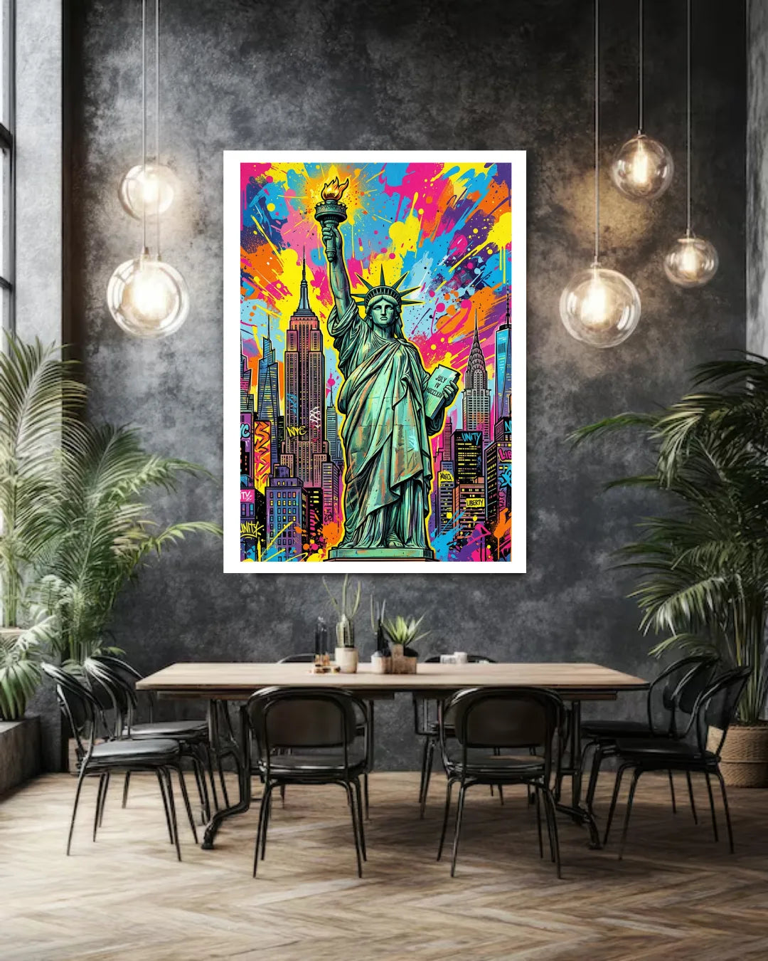 Colorful abstract art of the Statue of Liberty and New York skyline in a modern dining room.