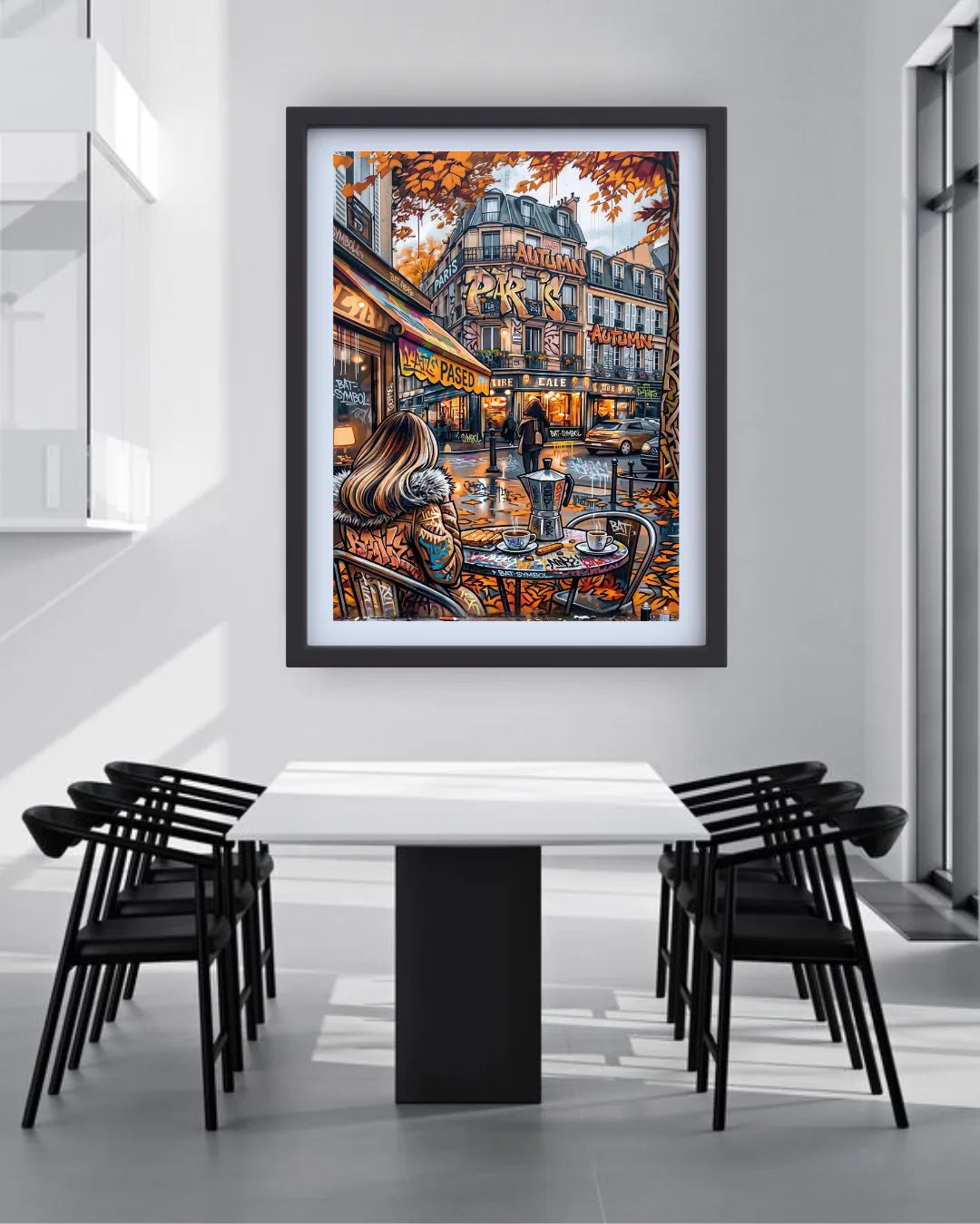 cityscape canvas artwork displayed in cozy living room