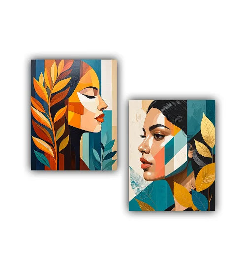 Stylish face art canvas wall set with bold abstract illustration