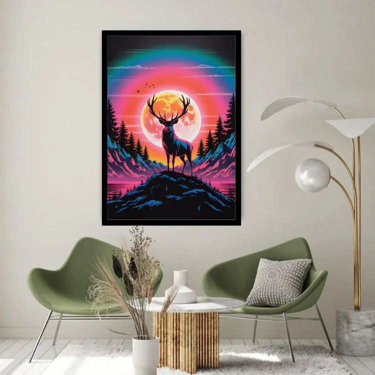 A framed vertical art print featuring a deer silhouette against a glowing orange moon and rainbow sky, displayed on a wall above two green chairs in a modern living room setting.