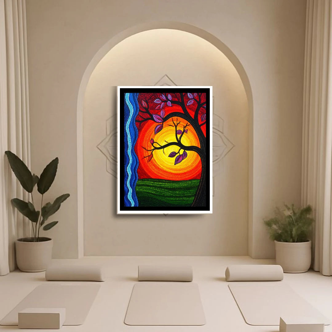 Sun tree spiritual wall art in modern minimal interior