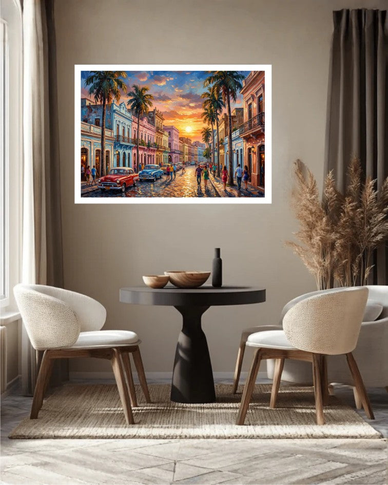 Dining room with a table and chairs, featuring a large painting of a city street scene on the wall.