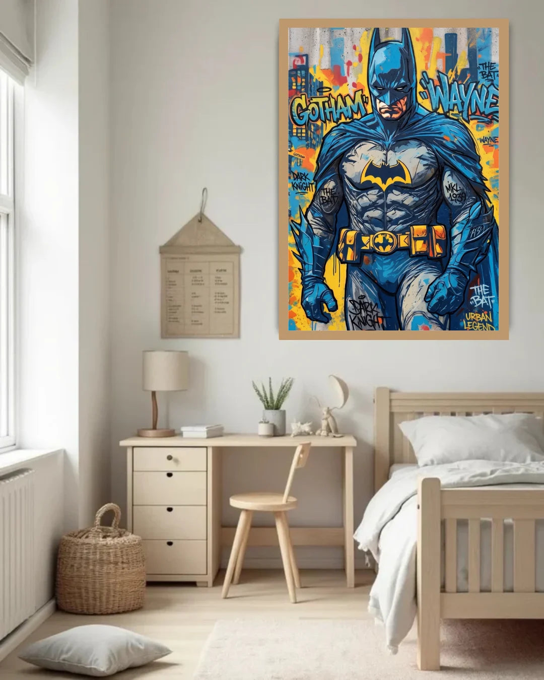 Bedroom with a superhero poster on the wall