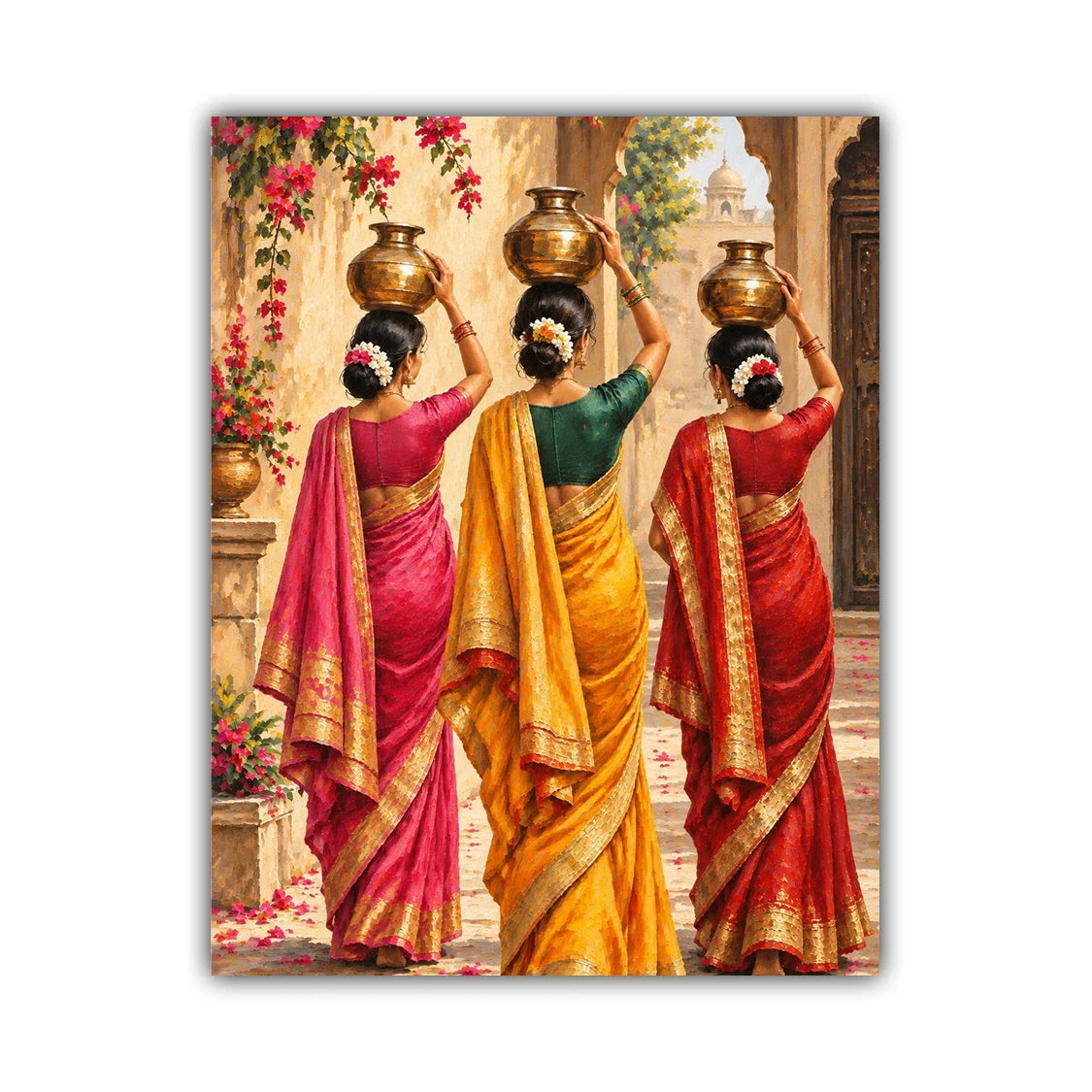 A vertical canvas art print depicting three Indian women from behind, wearing vibrant pink, yellow, and red sarees with gold borders and balancing brass pots on their heads in a sunlit courtyard.