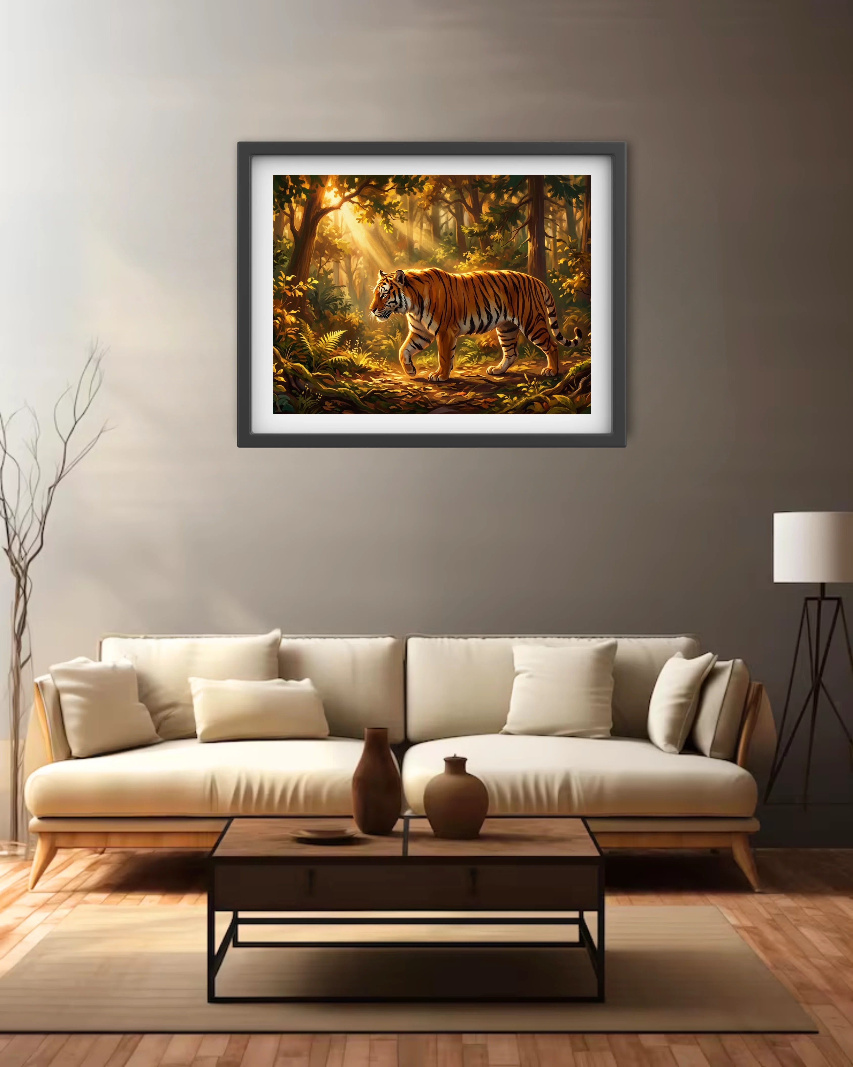 tiger wall painting placed in bedroom with warm aesthetic interior