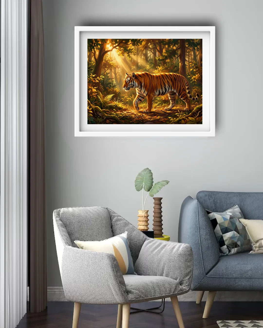Wild Tiger Forest Canvas Painting in White Frame Displayed on Grey Living Room Wall with Armchair