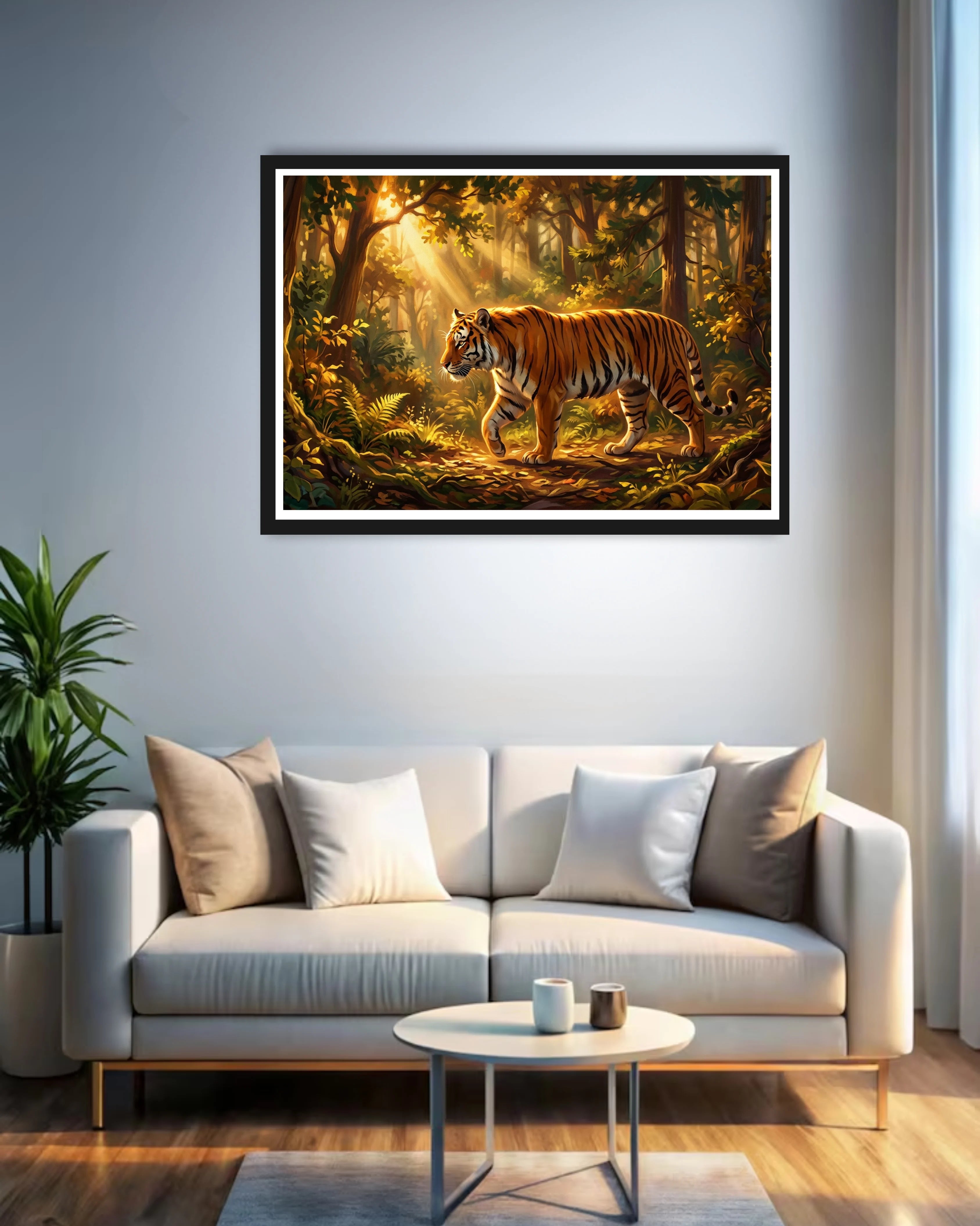 tiger artwork displayed in modern home decor with sofa setup