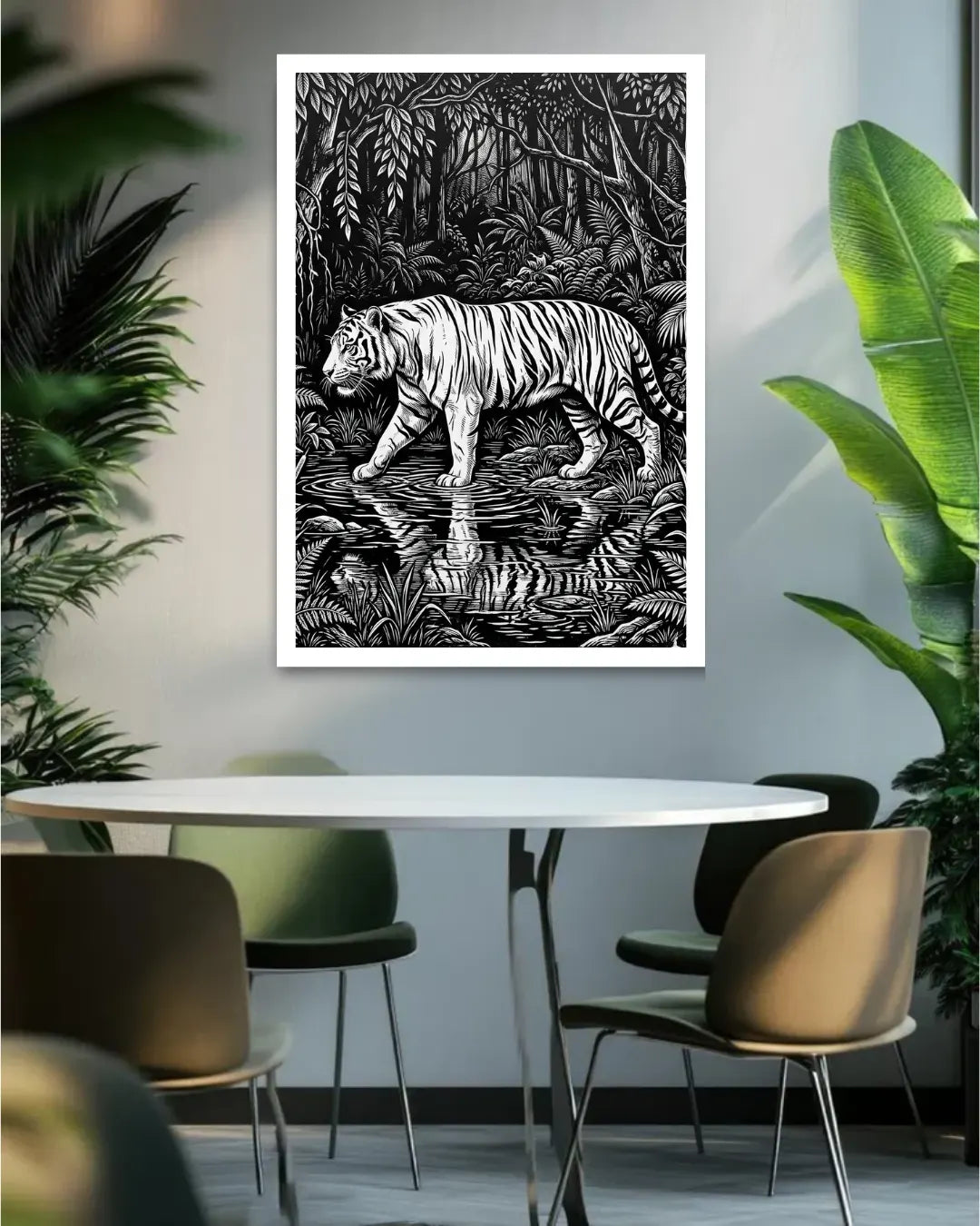 Framed black and white tiger artwork on a wall above a dining table with chairs.