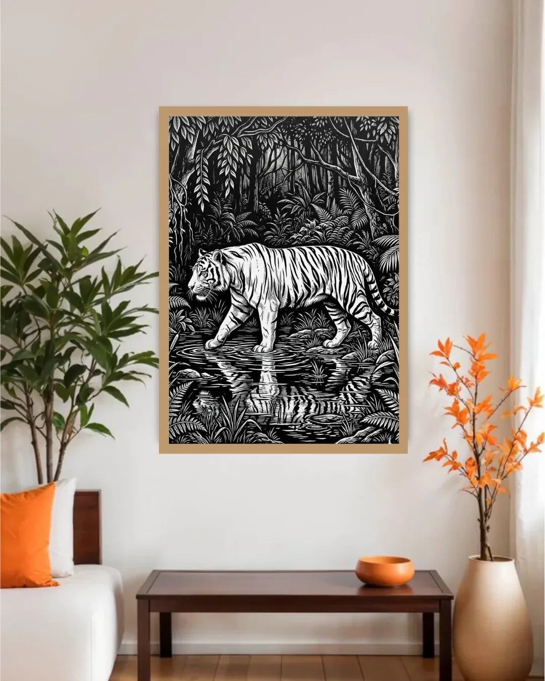 Framed artwork of a tiger in a jungle scene on a wall in a living room.