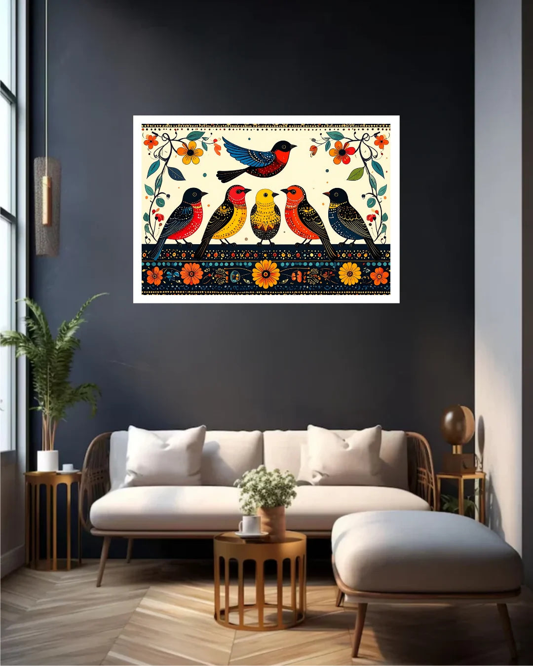 Decorative Folk Art Birds Canvas Wall Art in White Frame Displayed Above White Sofa in Modern Living Room
