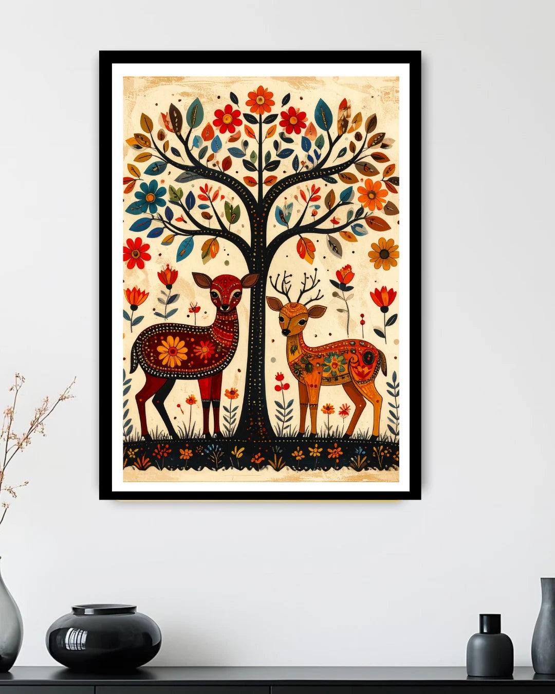 tree of life deer wall art in folk style displayed in modern living room