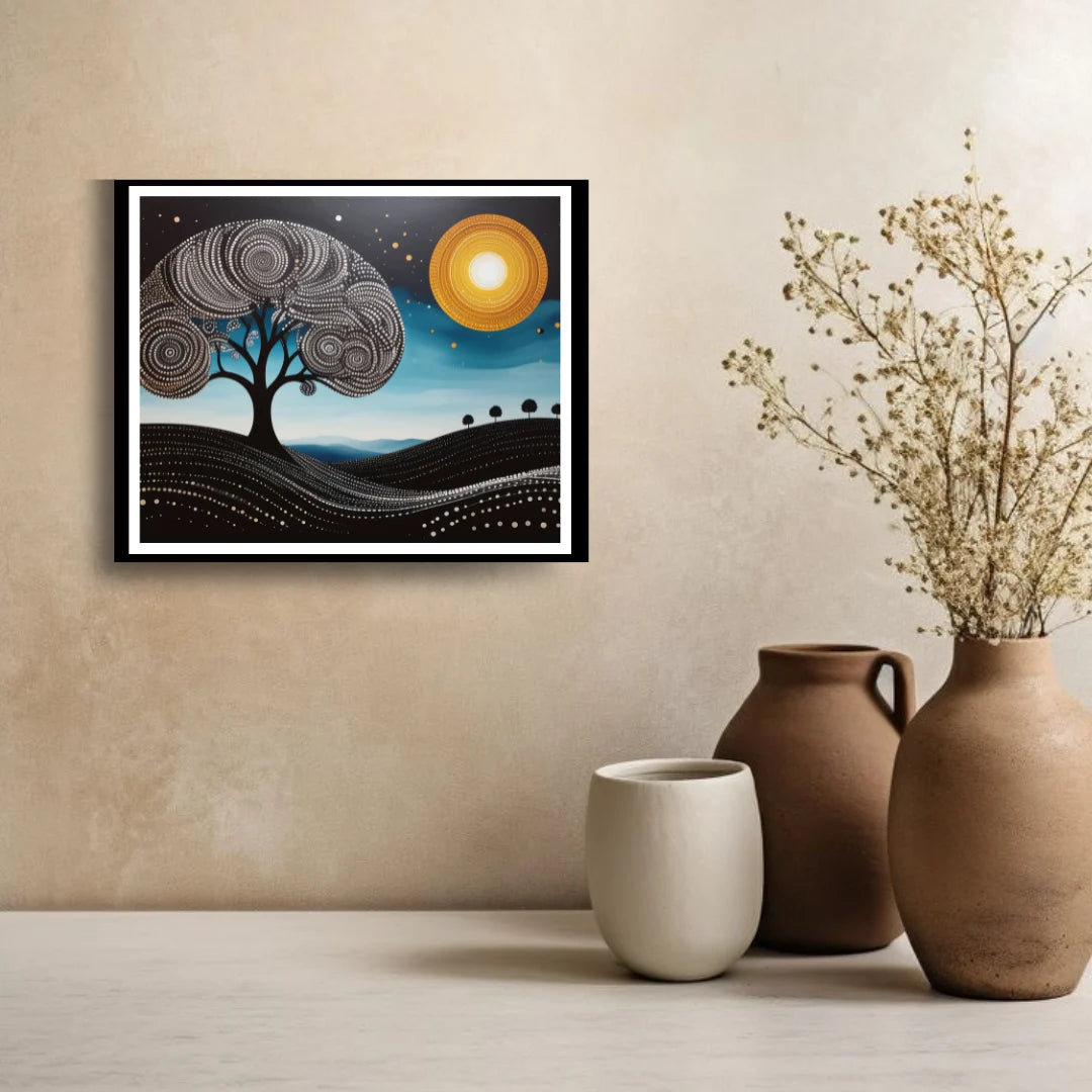 Tree and moon spiritual wall art painting for calm home interiors