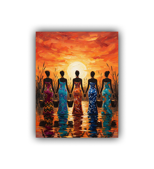 Tribal art canvas painting featuring ethnic figures and vibrant colors for wall decor
