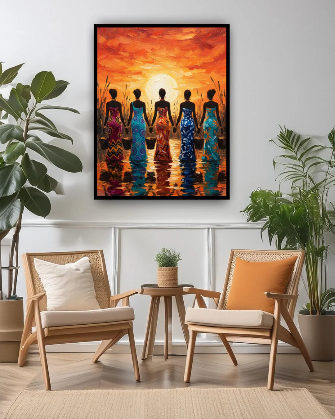 Tribal canvas wall art displayed in modern home interior, ethnic wall decor painting