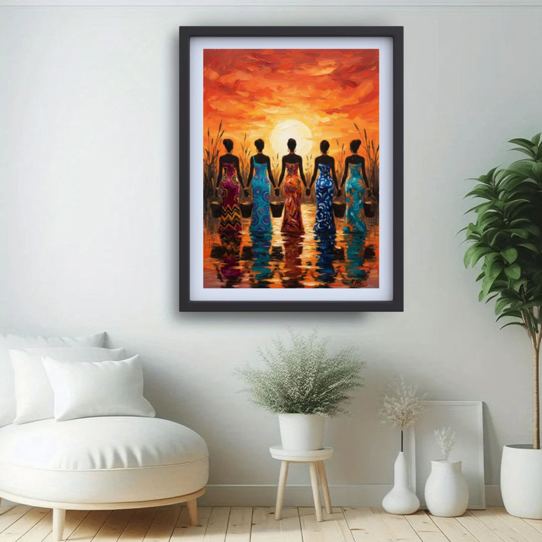 Tribal canvas wall decor displayed in modern living room interior, ethnic wall art painting
