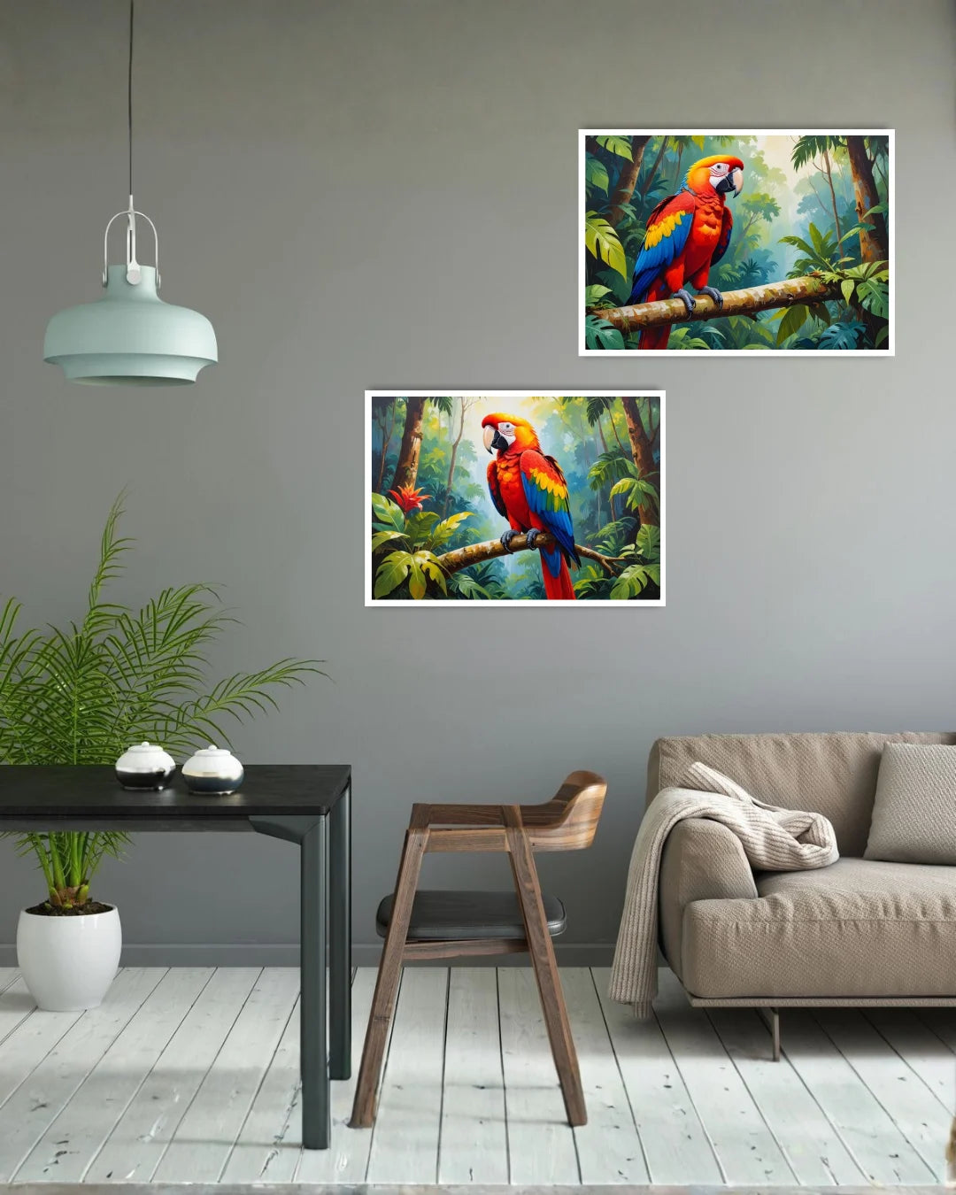 vibrant parrot painting displayed in dining area with modern interior setup