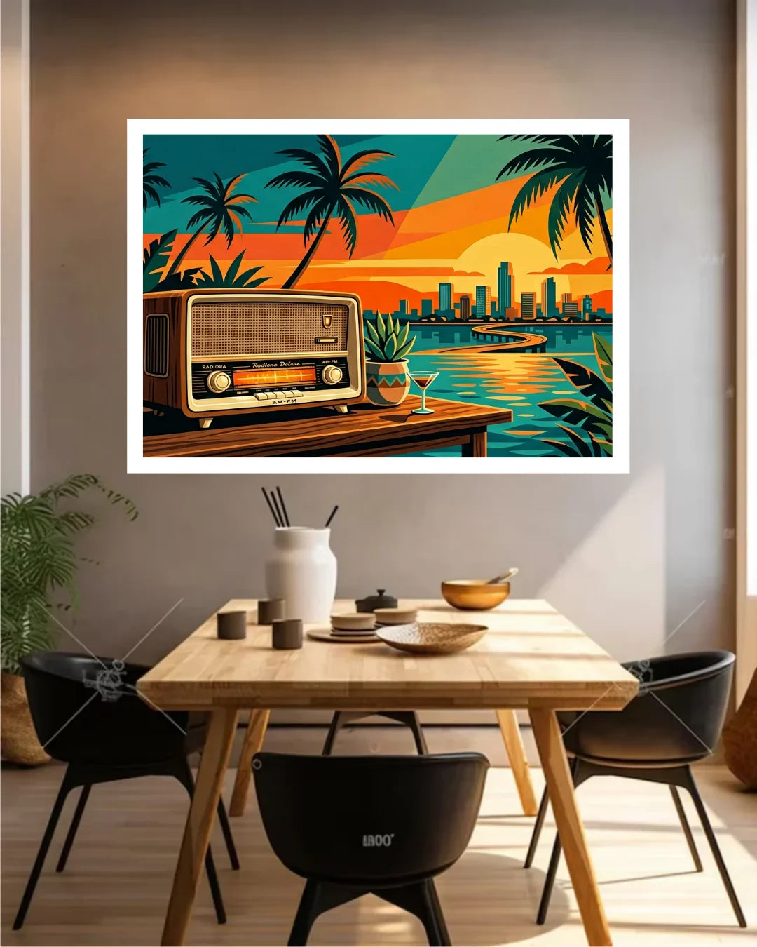 A framed tropical sunset art print hangs on a gray wall above a wooden dining table with black chairs. The artwork features palm trees, a retro radio, a cocktail glass, and a city skyline at sunset in bright orange, yellow, teal, and blue tones.