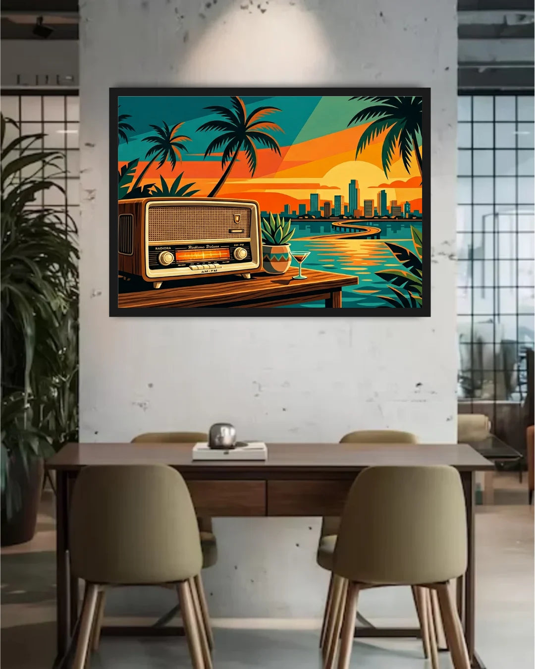 A framed retro-style wall art print hangs above a wooden dining table with chairs in a modern interior. The artwork depicts a tropical sunset scene with palm trees, a city skyline, water, and a vintage radio.