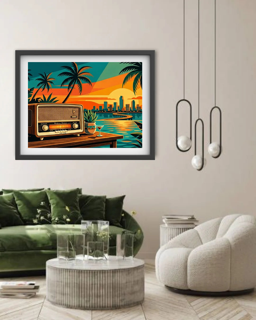 Framed artwork of a retro radio by a waterfront with palm trees in a modern living room.
