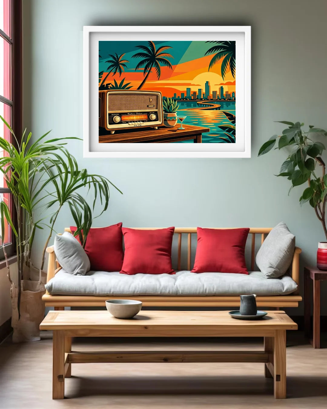 A framed tropical sunset art print hangs on a sage green wall above a wooden sofa with red and gray pillows in a modern living room setting.