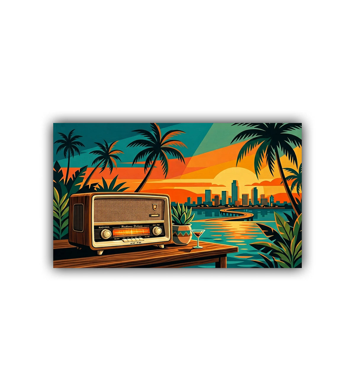 Vintage radio on a table with a tropical sunset scene in the background