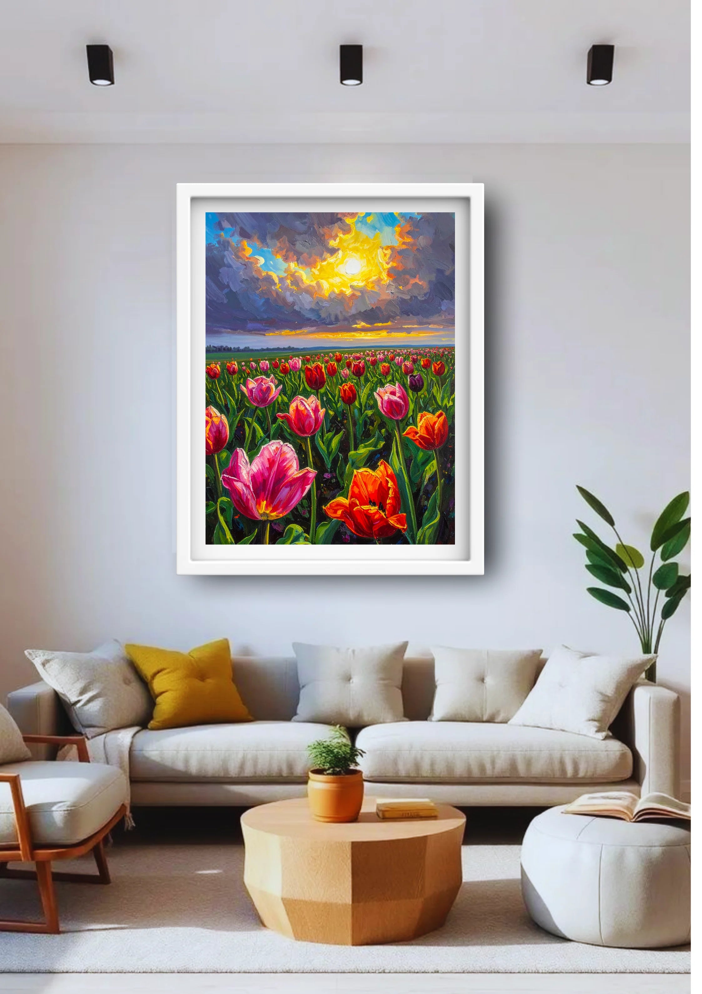 Modern living room decorated with tulip flower landscape wall art canvas above sofa