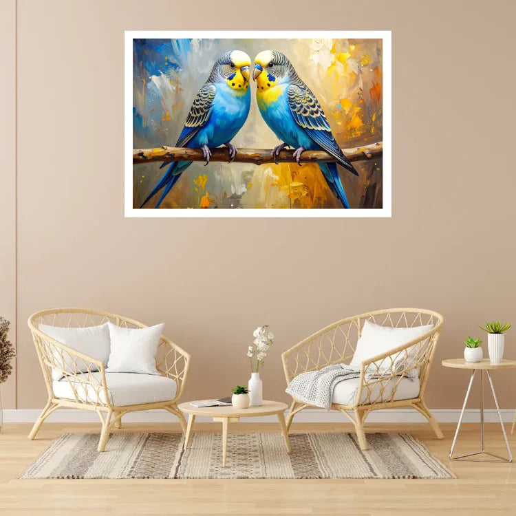 Two blue parakeets on a branch in a living room with beige walls and furniture.