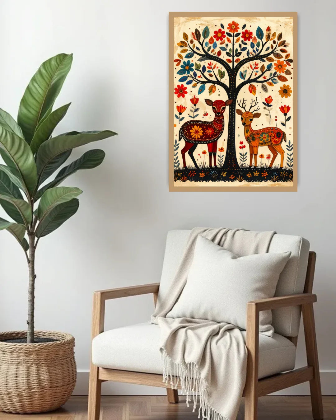 Decorative wall art with deer and floral design above a cozy chair with a blanket.