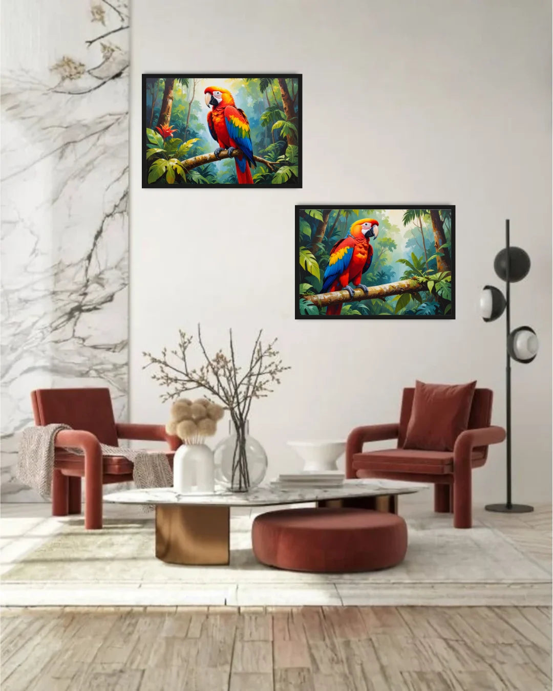 Living room with two parrot paintings on the wall, red chairs, and a marble table.