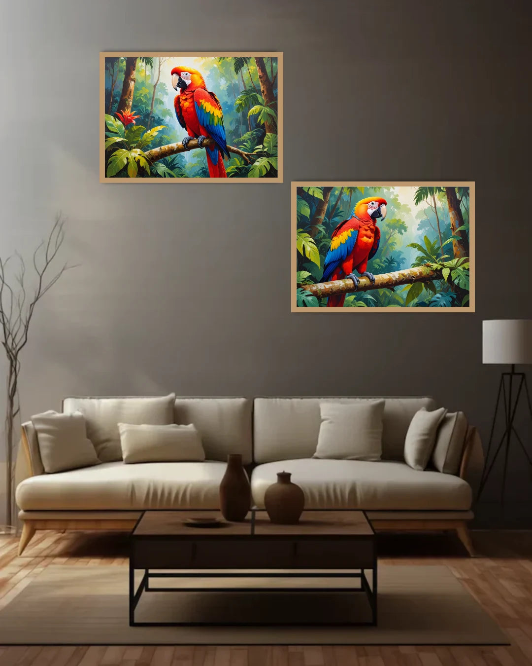 Two framed paintings of parrots on a wall above a beige sofa.