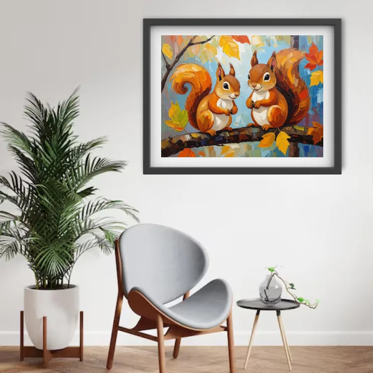 Framed painting of two squirrels on a branch with autumn leaves above a modern chair and plant.